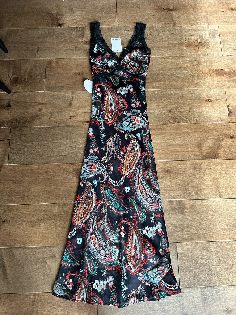 Hope & Ivy Satin Slip Midi Dress Black Paisley Floral Lace Trim Womens US 2 UK 6